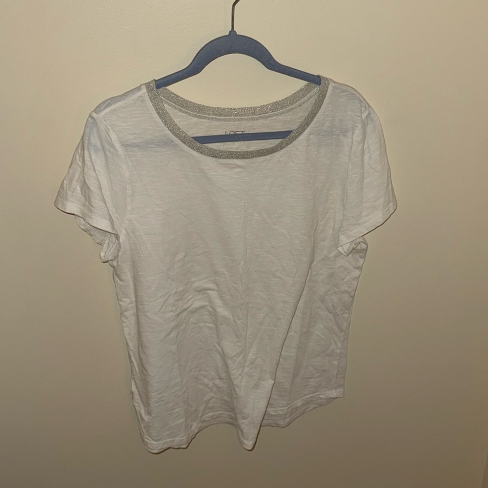 Loft white t shirt with a sliver sparkle neck line